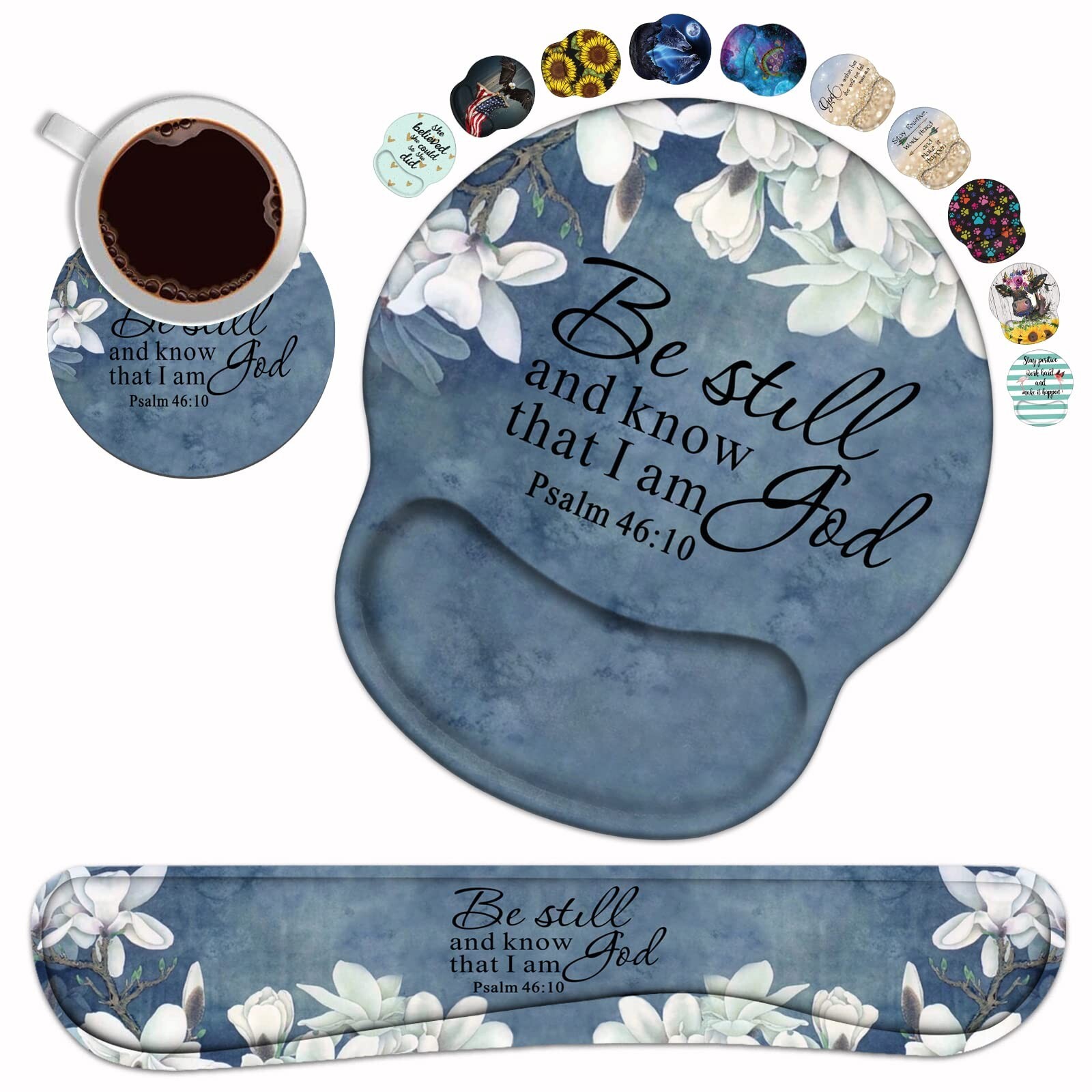 Ergonomic Keyboard & Mouse Wrist Rest Set with Coasters, Christian-Themed Design-image