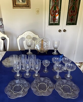 Duncan & Miller FIRST LOVE CRYSTAL- WATER /WINE,CHAMPAGNE GLASSES & PLATES -21pc