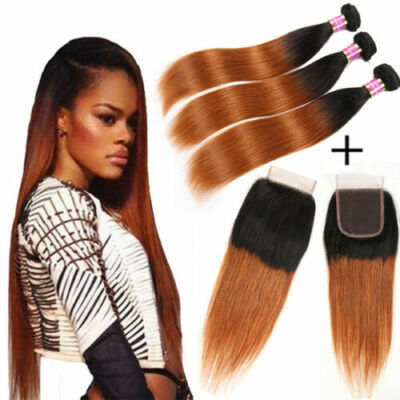 1B/30# BRAZILIAN OMBRE BRAZILIAN VIRGIN HUMAN HAIR 3/4/5BUNDLE+CLOSURE STRAIGHT 