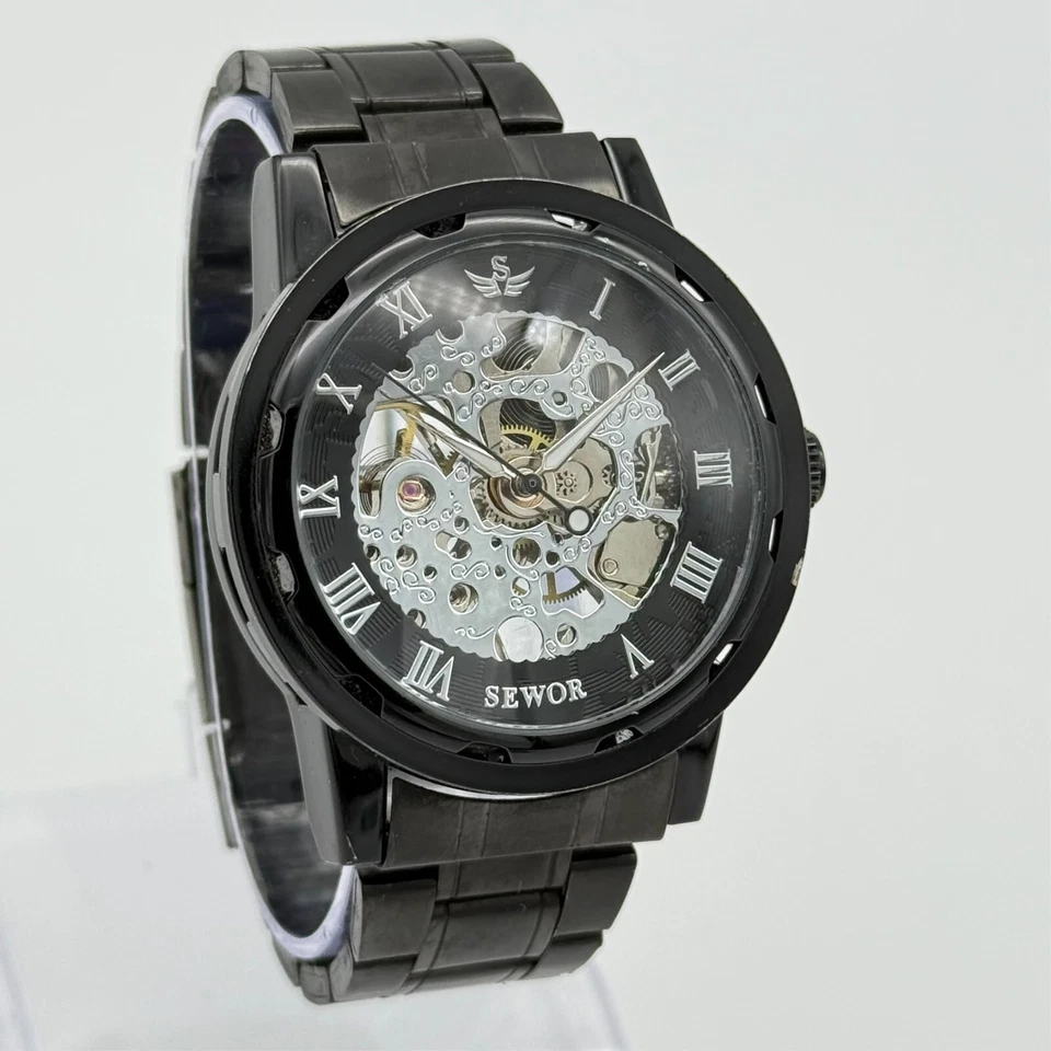Men's SEWOR Mechanical Silver Skeleton Dial Watch, Black Bracelet, 41mm, Runs - Image 2 of 4