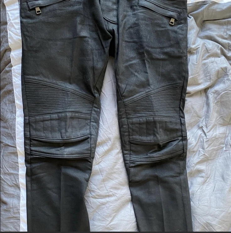 Authentic Balmain Paris Black Waxed Biker Ribbed Jeans Made In