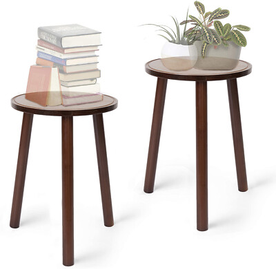 Wood Plant Stands Set of 2 Mid Century Side Table Tall Round Flower Pot Holder
