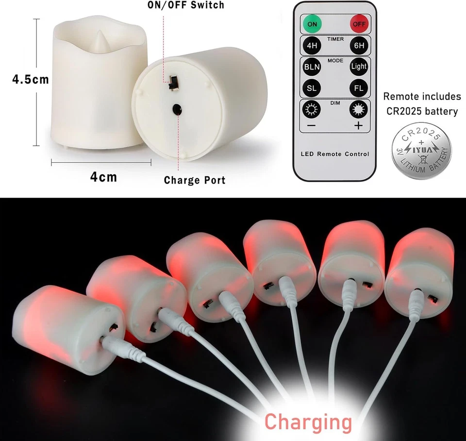 6er Aufladbare LED Teelichter mit Timer Fernbedienung Flackern Warmweiß Dimmbar - Bild 4 von 4