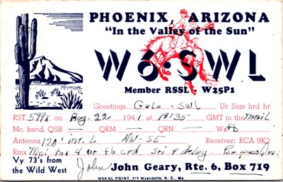 QSL Ham Shortwave Radio Card W6-SWL Member RSSL W25P1 Phoenix Arizona