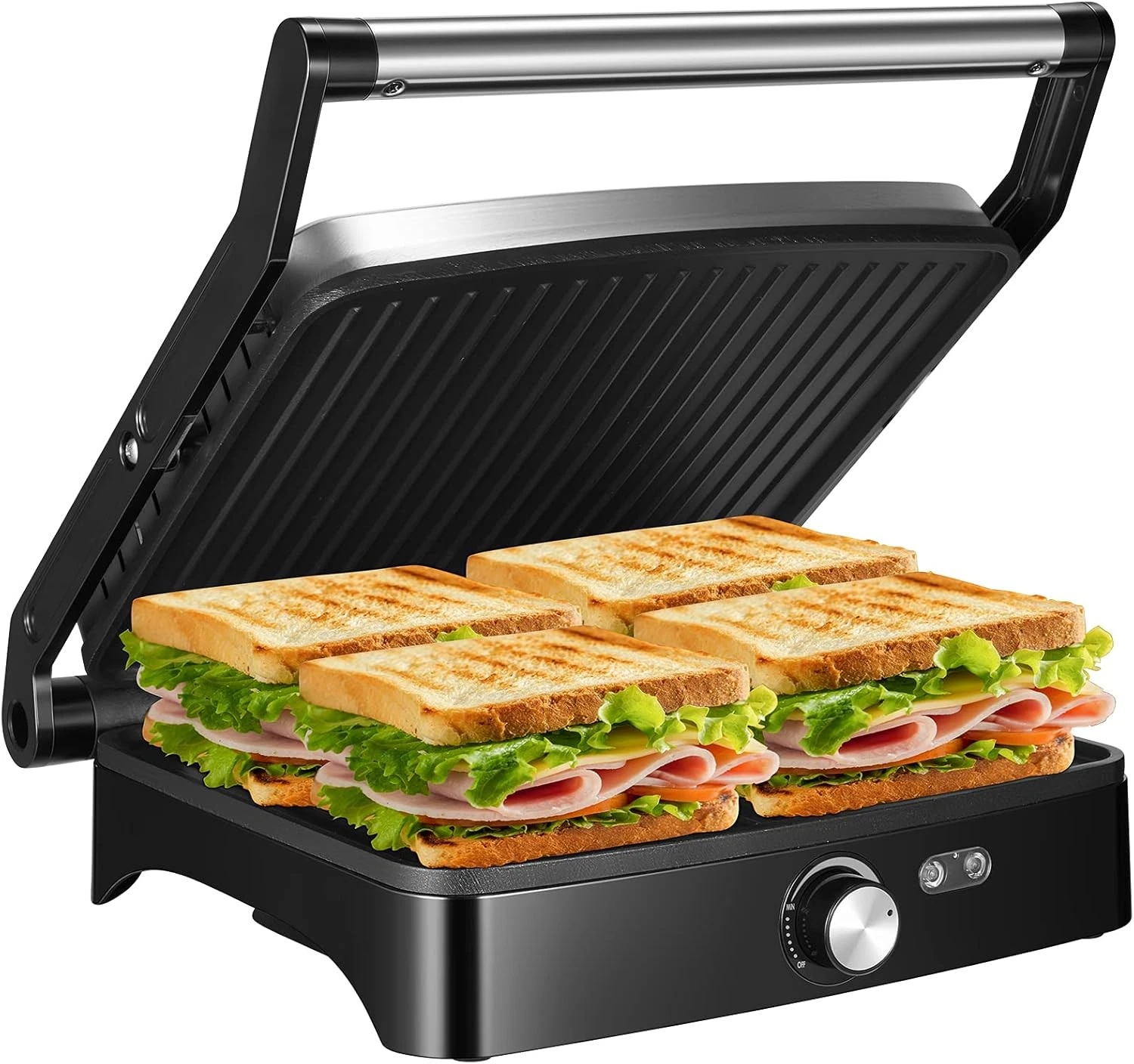 Panini Press Grill W/ Adjustable Temperature 4-Slice Indoor Grill 180° Open