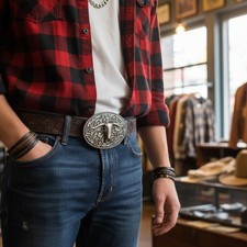 Men Silver Metal Bull Belt Buckle Western Fashion Oval Longhorns Cow Biker Style