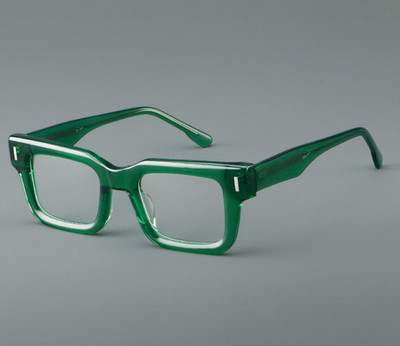 Retro Green Fashion Square Bold Temple Acetate Eyeglass Frames Unisex Spectacles