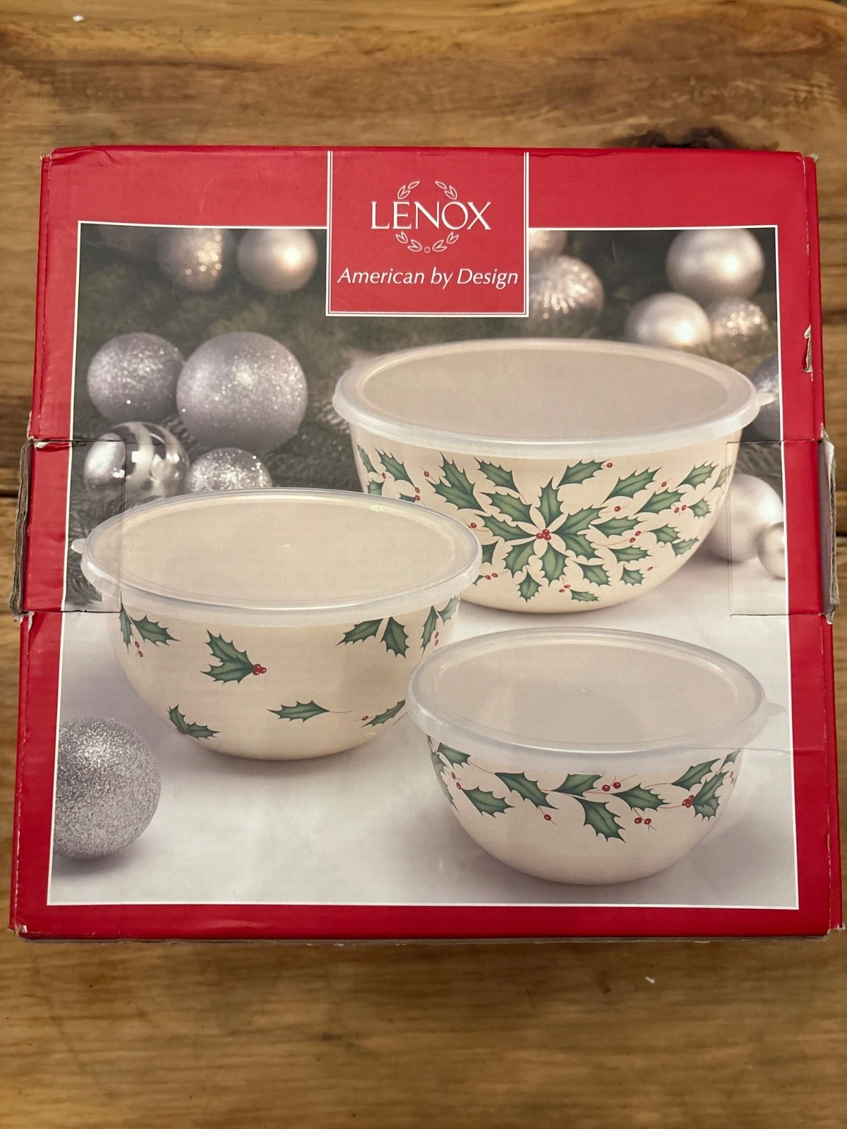 Lenox Holiday 3 Piece Mixing Bowls with Lids. Holly Berry Enamel Metal