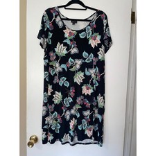 J. Jill Wearever Floral Knit Dress Black Multi Short Sleeve Empire Waist Medium