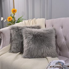 Gray Faux Fur Pillow Covers 18x18 Set of 2 Plush Decorative Cushion Cases Zipper