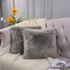 🛋️ Gray Faux Fur Cushion Covers 18x18 Set of 2 Soft Plush Decorative Pillow
