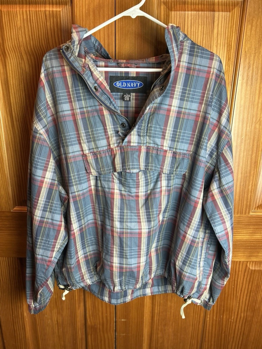 Vintage Old Navy Tag Anorak Jacket Blue Red Plaid Hooded