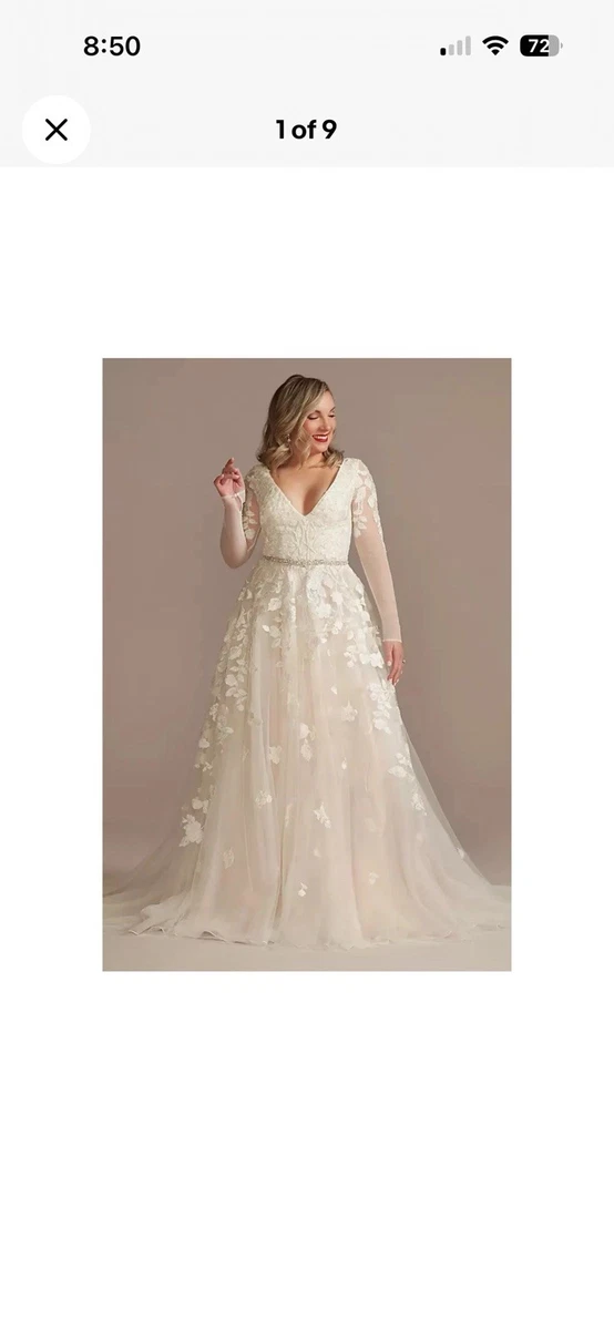 David's Bridal Long Sleeve Wedding Dress Under 500 As Is Long Sleeve  Lace Bodice A-Line Wedding Dress In Ivory Size: 14 David's Bridal