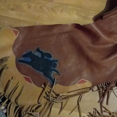 Tan and Green Bull Riding Western Chaps with Fringe and Decorative Cross