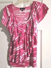 New AB Studio USA S Pink & White Layered Dressy Blouse 95% Polyester 6% Spandex 