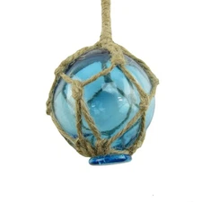 Nautical Rope Fishing Buoy Light Blue Glass Float Fish Net Ball Tiki/Luau Decor