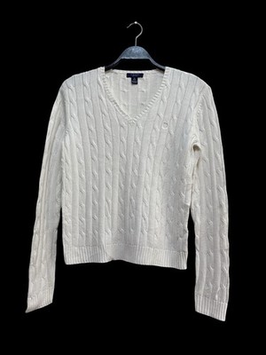 CHAPS Damen Strickpullover Gr. M Creme Zopfmuster V-Ausschnitt 100% Baumwolle