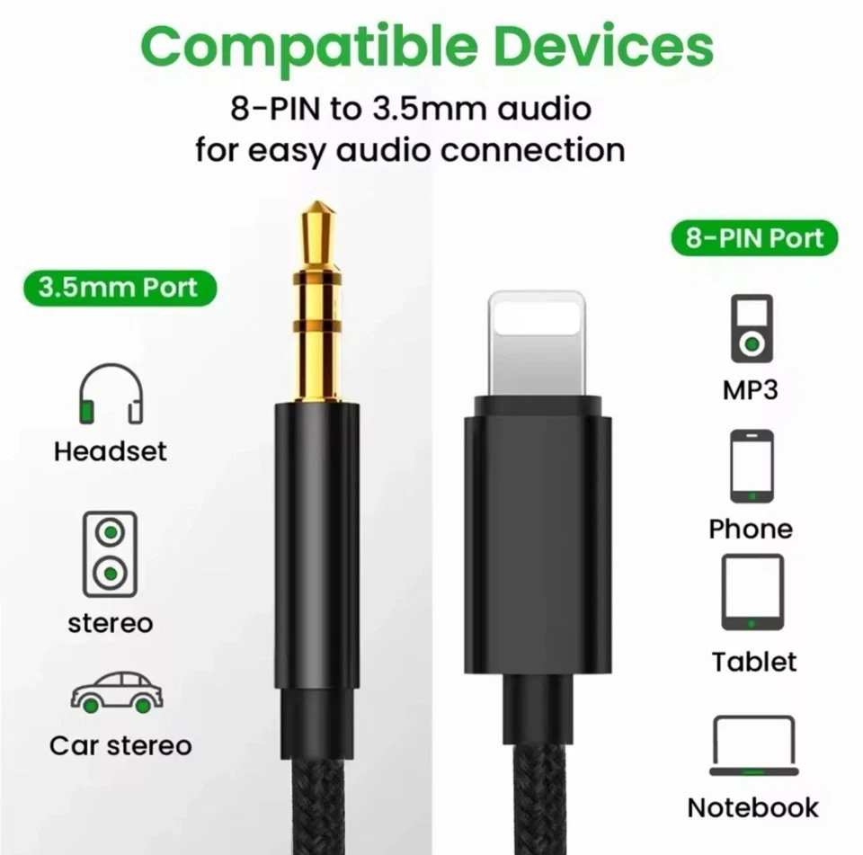 3.5mm Jack AUX Adapter Cable Cord to Car Audio For iPhone 7 8 X 11 12 13 14 PRO - Image 3 of 4