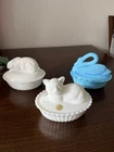 Vintage Westmoreland Milk Glass Cat Swan Rabbit  Covered Bowl with Lid