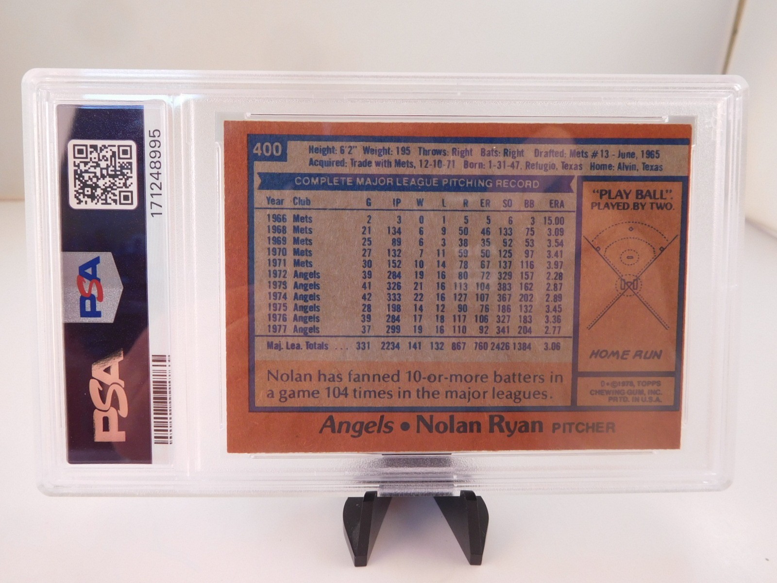 1978 Topps Nolan Ryan #400 Freshly Graded PSA 6 EX-MT view 3