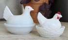2 Vintage White Milk Glass Covered Chickens Hen on Nest HON Dishes Red Paint Dec