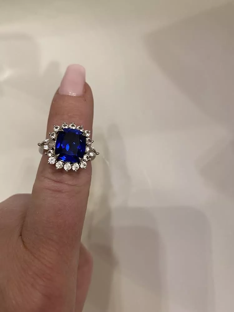 Zales SS Cushion Cut Blue Sapphire w White Sapphires Ring sz 7