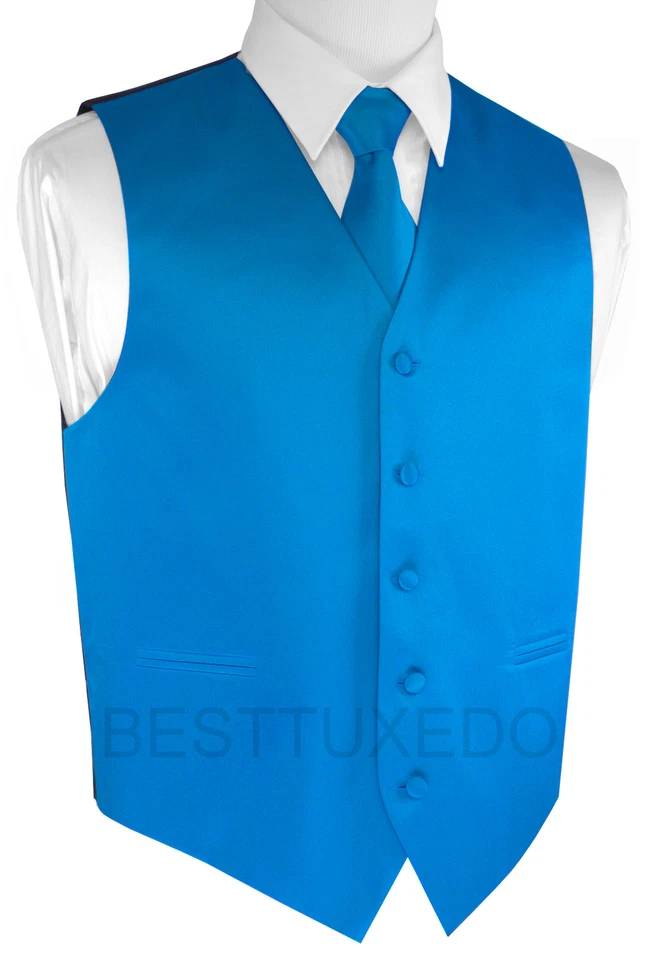 Sizes 38-64 Long. 6-Piece Complete Tuxedo Package with Blue Vest & Tie - Image 3 of 4