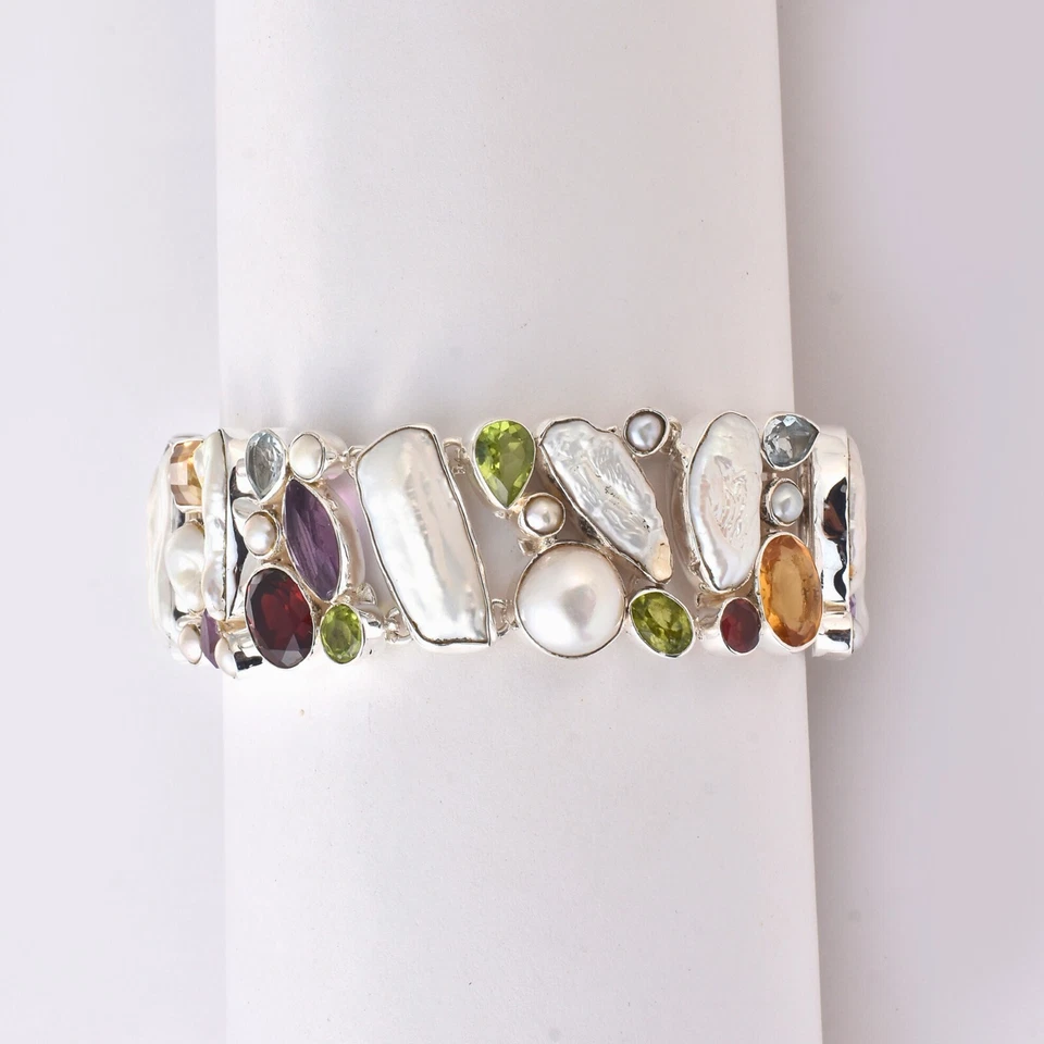 NATURAL PEARL ,MULTIGEMSTONE(4-25 MM) 925SILVER HANDMADE BRACELET JEWELRY GIFT - Image 4 of 4