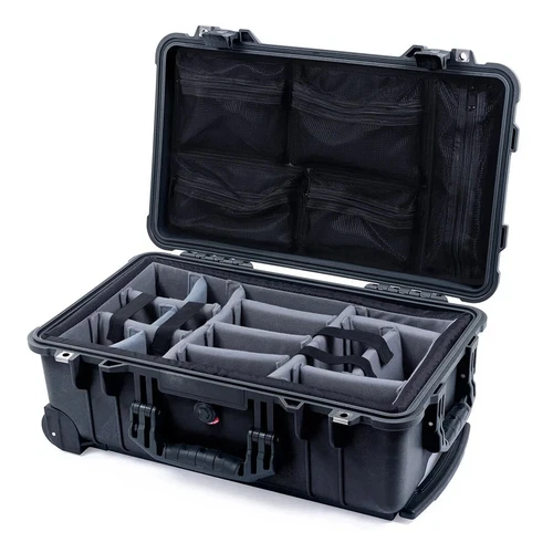 Black Pelican 1510 case with padded dividers (Grey) & mesh lid organizer.