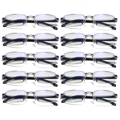 10 Stück Herren-Lesebrille, rechteckig, randlos, blaues Licht blockierend,Unisex