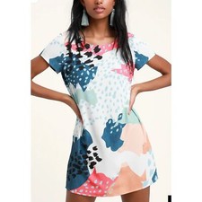 MINKPINK Coral Sea White Multi Print Shift Dress Size Medium Boho Anthropologie 