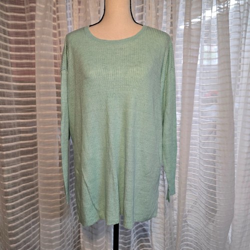Eileen Fisher Organic Linen Italian Yarn Knit Lightweight Ribbed Sweater Aqua M