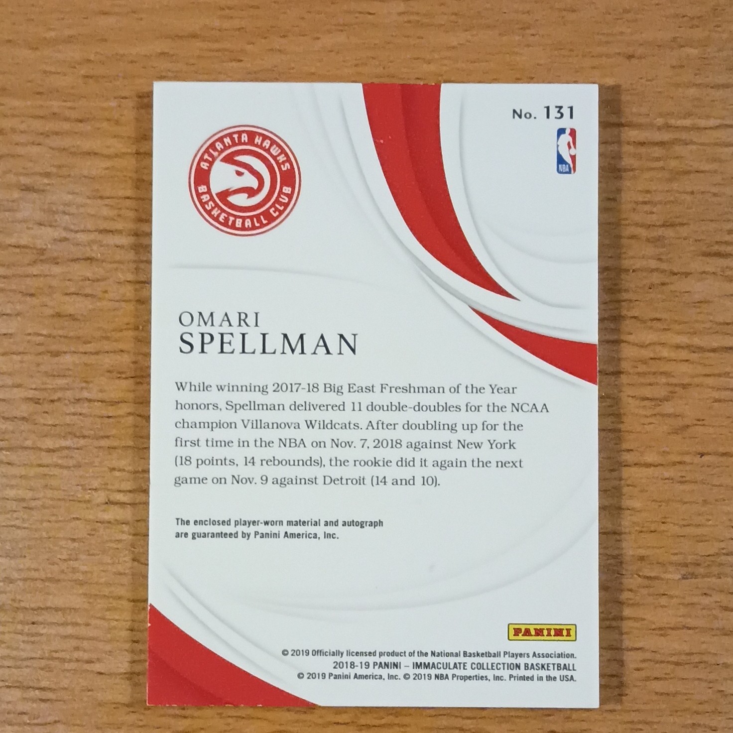 Panini 2018-19 Immaculate Omari Spellman RC Patch Auto /99 Hawks #131 view 2