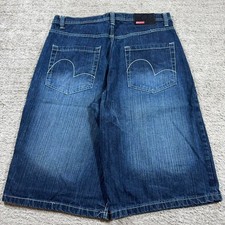 Grunge Emo Baggy Wide Leg Y2K Embroidered Skater Navy Denim Jean Shorts Jorts