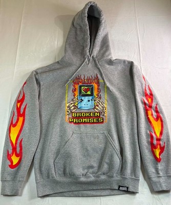 Broken Promises Hoodie Gray Quit Pushing My Buttons Flame Sleeve GameBoy Graphic