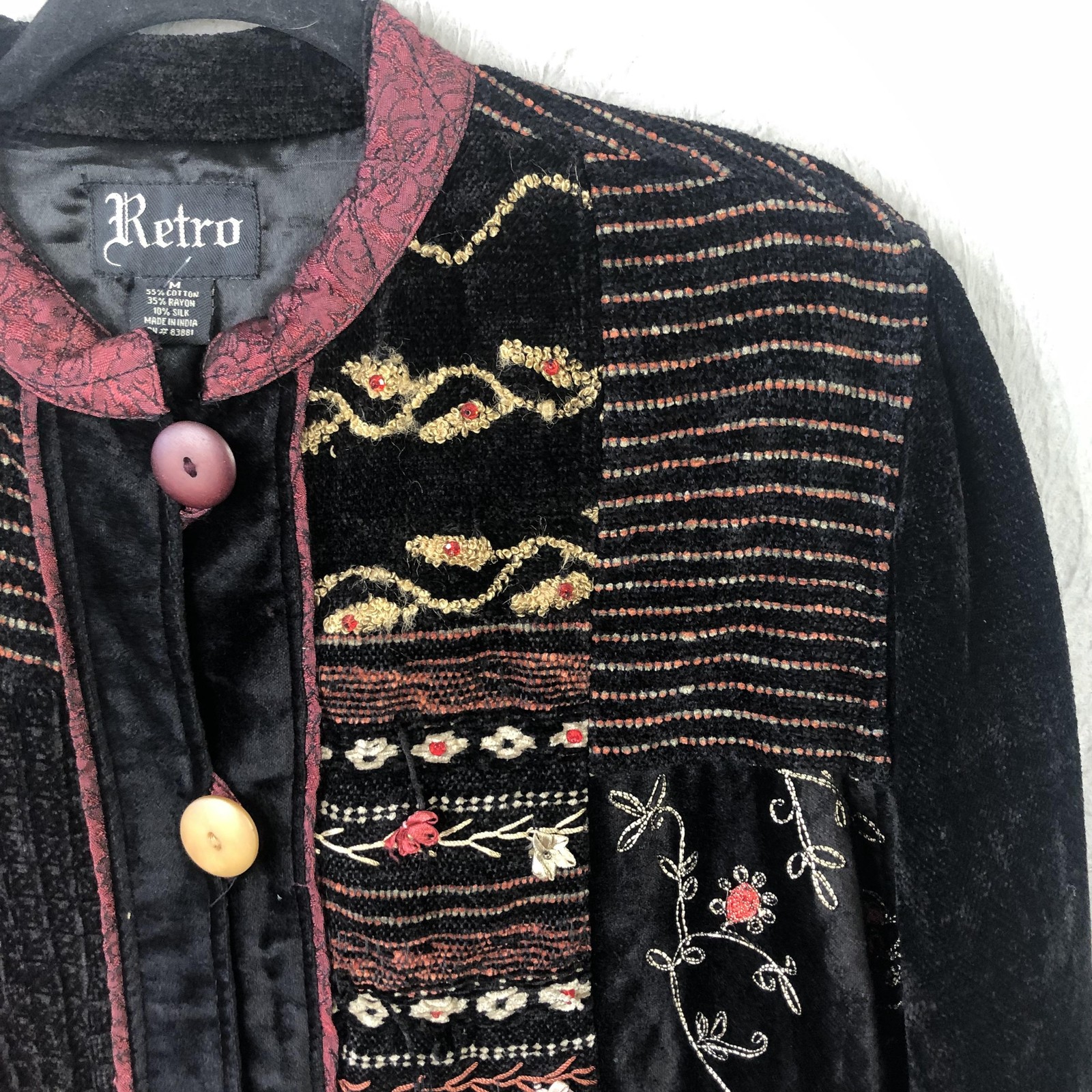 Retro Jacket Womens Medium Black Patchwork Velvet… - image 15