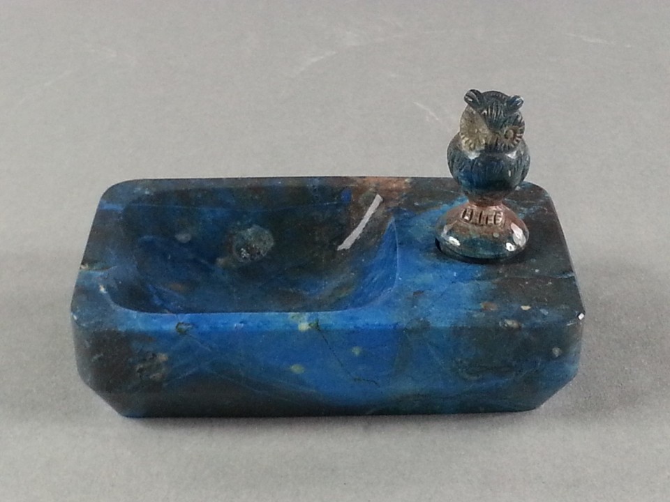 Hand-carved blue stone owl inkwell and pen rest — a genuinely one-of-a-kind sculptural desk artifact that looks like it belongs in a wizard's study.