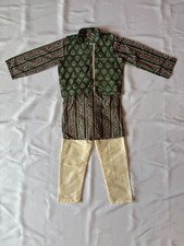 Boys Indian Kurta Pajama Set with Jacket - Green Red Block Print, Size 4-5Y W