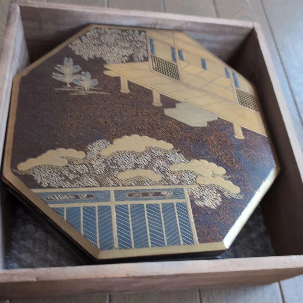 Jubako Bento Box Japanese Octagonal inkstone box with makie pear finish lacquer