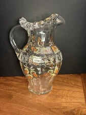 Antique Victorian Clear Optic Ribbed Hand Painted Pitcher Applied Handle Fenton?