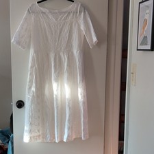 White Cotton Embroidered Lace Midi Dress Boat Neck Half Sleeve Button A-Line