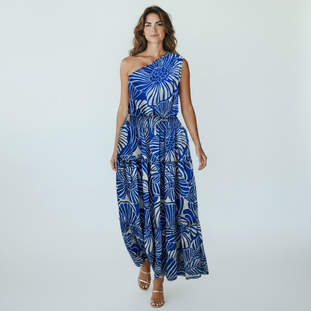 Taylor Maxi Floral Resort One Shoulder Party Guest Chiffon Flowy Dress 14  Blue | eBay