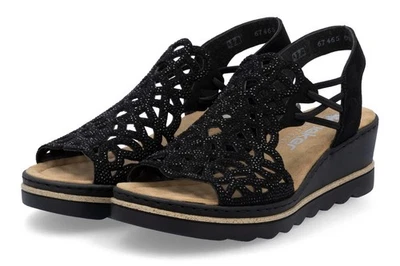 Rieker Sandale Schwarz Plateau Sandalette Gummizug Keilabsatz Slipper 67465-00 - Bild 1 von 4