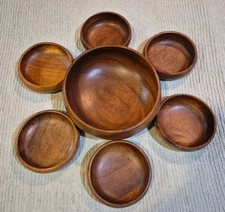 Vintage Monkey Pod Wood Salad Bowl Set, Philippines, Hand Crafted 6 Piece Set