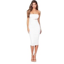 Nookie Tia Midi Dress White Strapless Ruched Gold Chain Cutout Size S