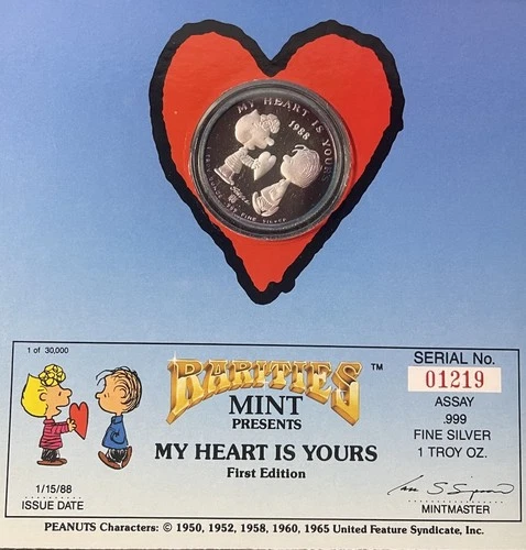 1988 SNOOPY PEANUTS One Troy oz .999 Fine Silver First edition,