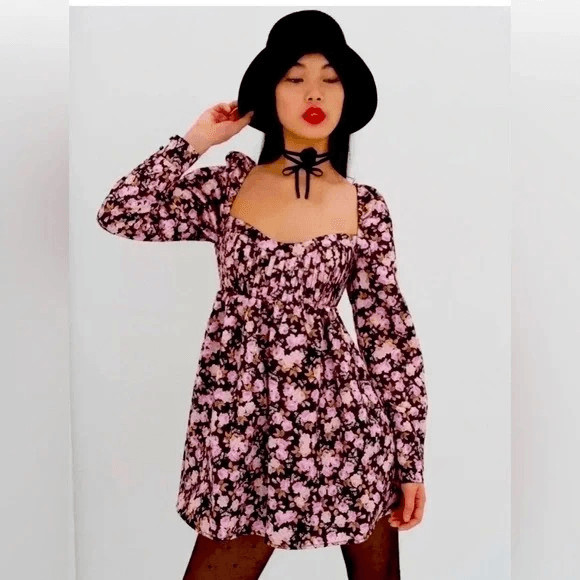 NWT For Love & Lemons Kate Long Sleeve Floral Mini Dress Size Small