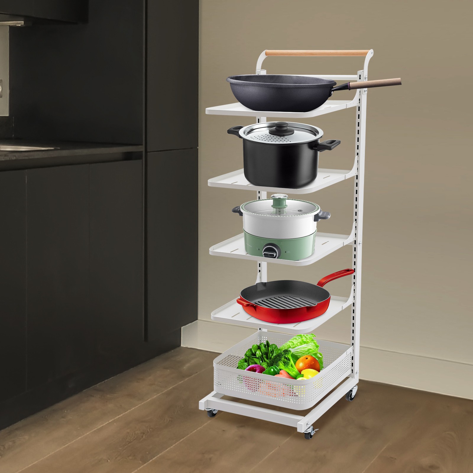 5-Tier Pan Pot Organizer Kitchen Pot Holder Storage Rack Adjustable w/ Wheel