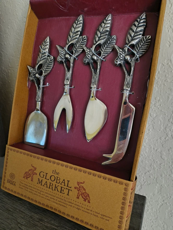 GLOBAL MARKET Juego de 4 CUCHILLOS CHARCUTERÍA QUESO Hoja Pájaro HECHOS A MANO INDIA NUEVO Foto 4 de 4