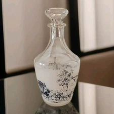 Vintage Glass Decanter w Stopper Blue White Toile Print Verrerie D’arques France